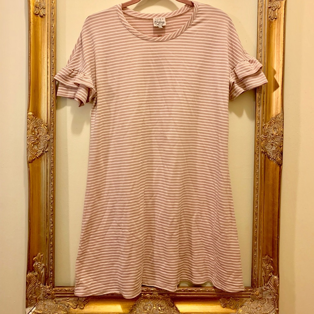 pink and white striped dress with ruffled sleeves